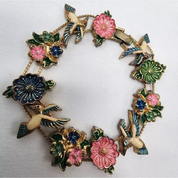 Vintage Enameled Hummingbird & Flowers Goldtone Slide Bracelet - Picture 4 of 6